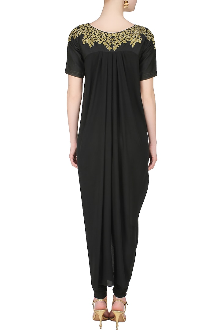Black handcut motif murky drape kurta, churidaar pants and chiffon wrap available only at Pernia's Pop Up Shop.