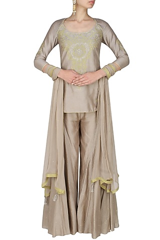 Ash grey handcut motif short kurta and flared pants set by SWGT By Shweta Gupta
