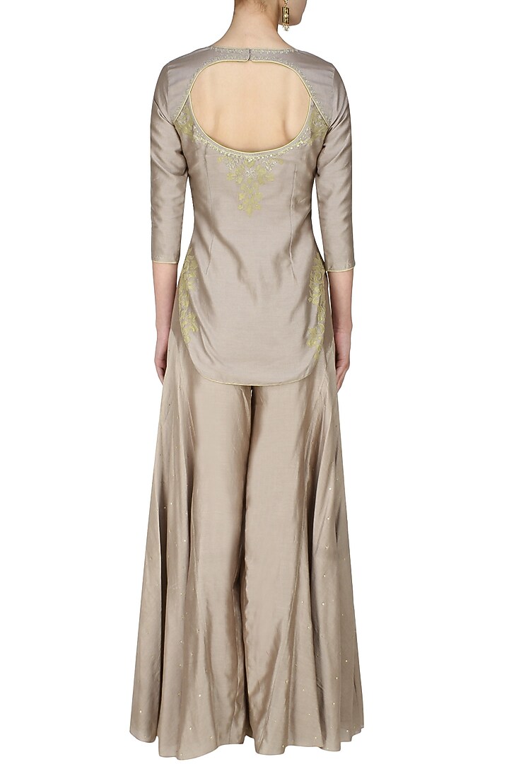 Ash grey handcut motif short kurta and flared pants set available only at Pernia's Pop Up Shop.