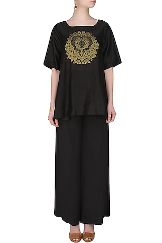 Black handcut motif asymmetric flared top by SWGT By Shweta Gupta