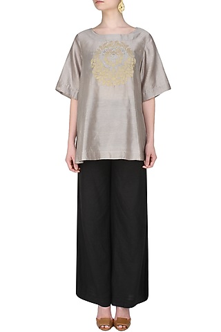 Ash grey handcut motif asymmetric flared top by SWGT By Shweta Gupta