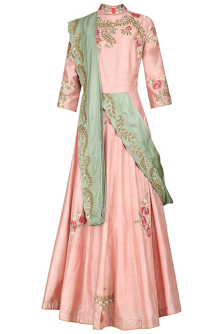 Pink Floral Print Anarkali Gown by Swati Jain