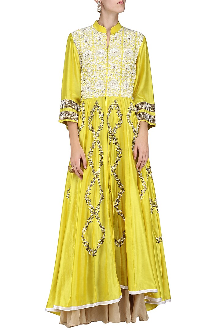 Yellow embellished anarkali gown available only at Pernia's Pop Up Shop.