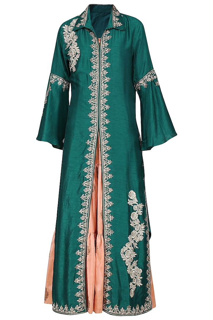 Blue Embroidered Jacket with Peach Tunic by Swati Jain