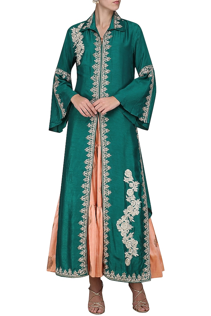 Blue embroidered jacket with peach tunic available only at Pernia's Pop Up Shop.