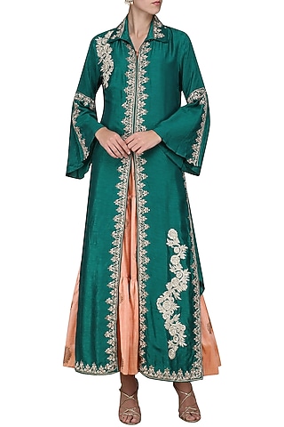 Blue Embroidered Jacket with Peach Tunic by Swati Jain