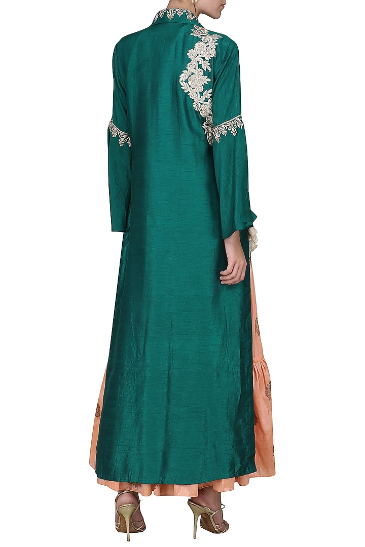 Blue embroidered jacket with peach tunic available only at Pernia's Pop Up Shop.