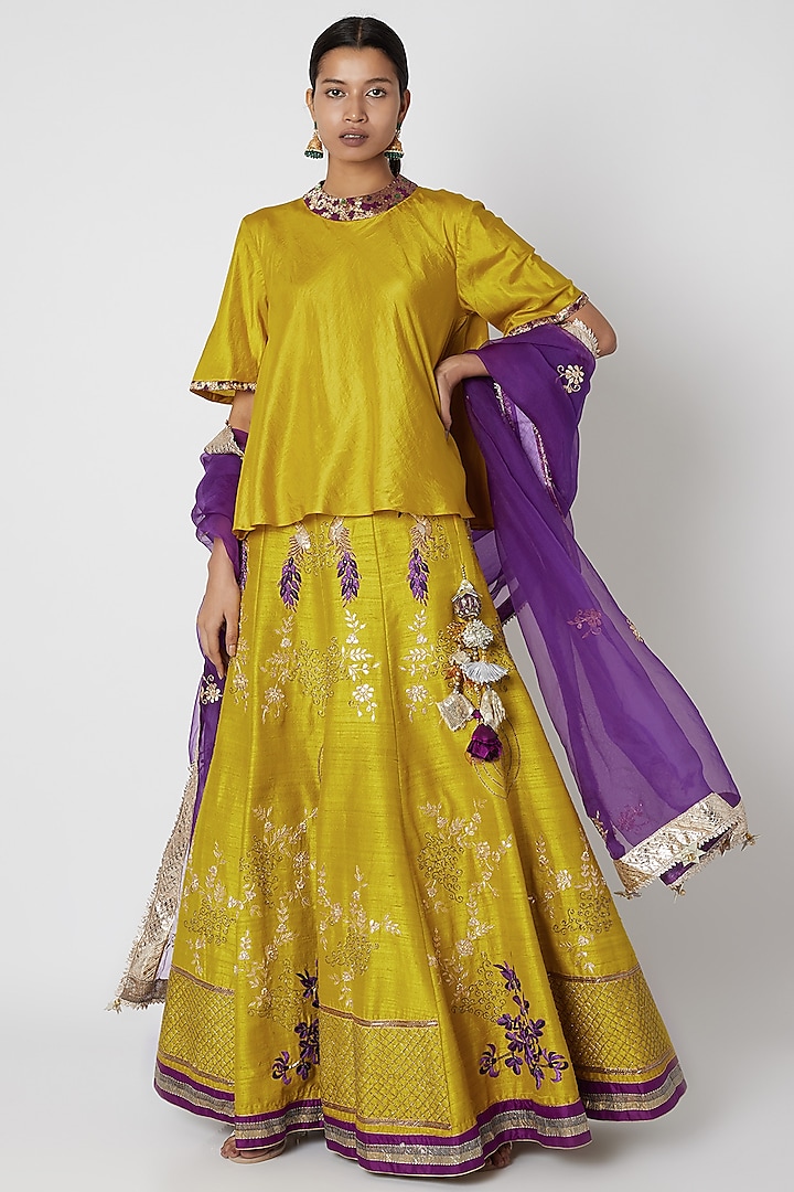 Lime Yellow & Purple Embroidered Lehenga Set by Swati Jain