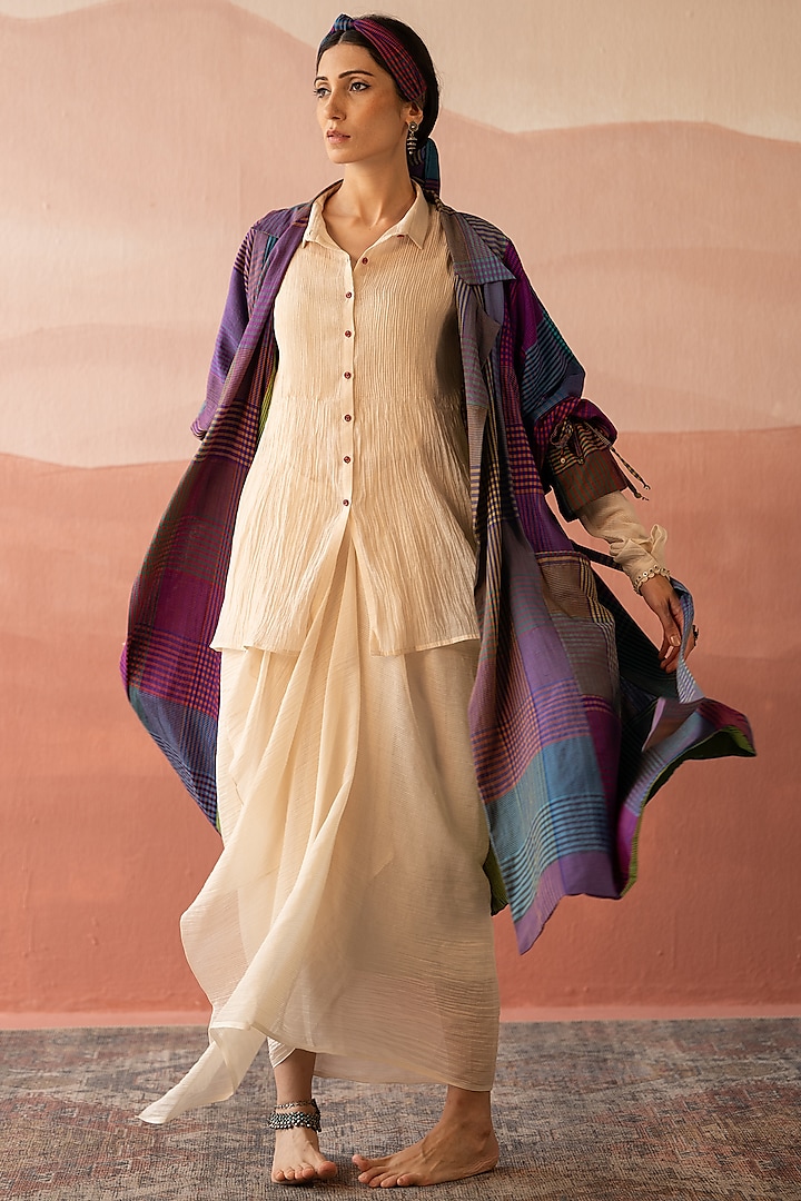 Multi-Colored Handwoven Yarn Dyed Silk Hand Block Printed Trench Coat by Swatti Kapoor