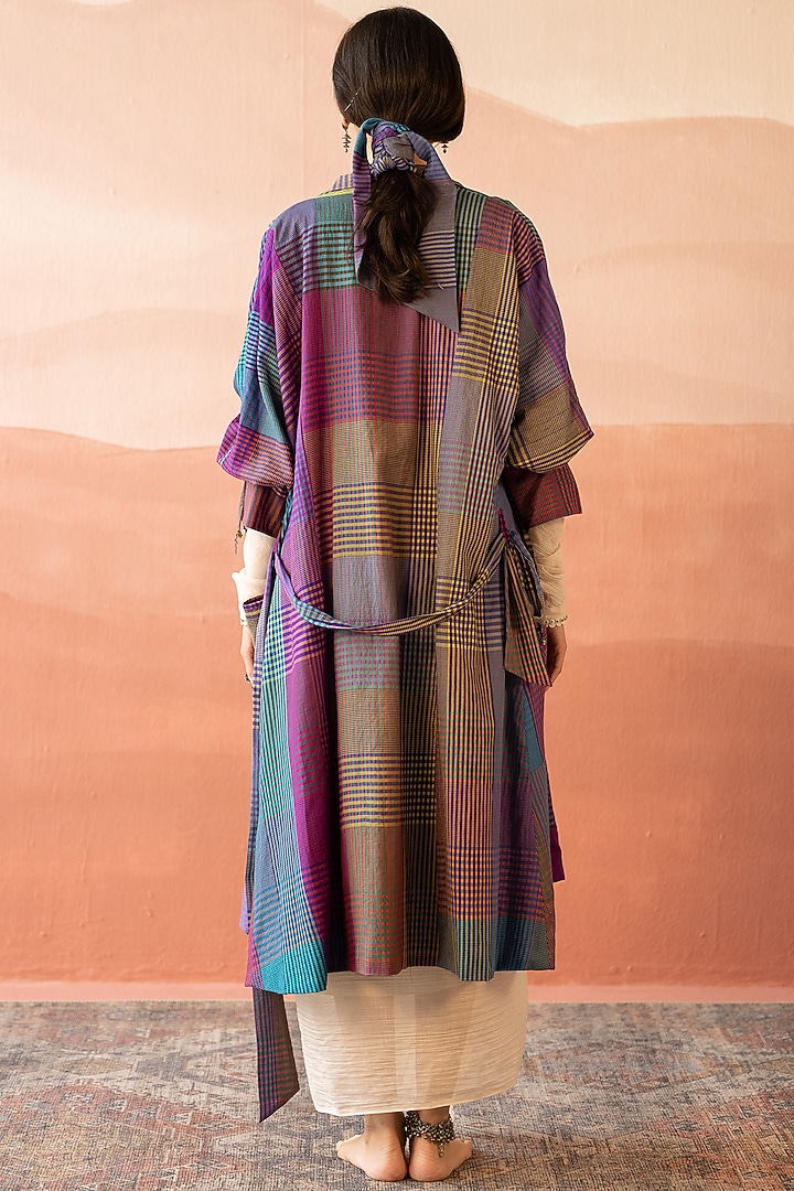 Multi-Colored Handwoven Yarn Dyed Silk Hand Block Printed Trench Coat by Swatti Kapoor at Pernia's Pop Up Shop