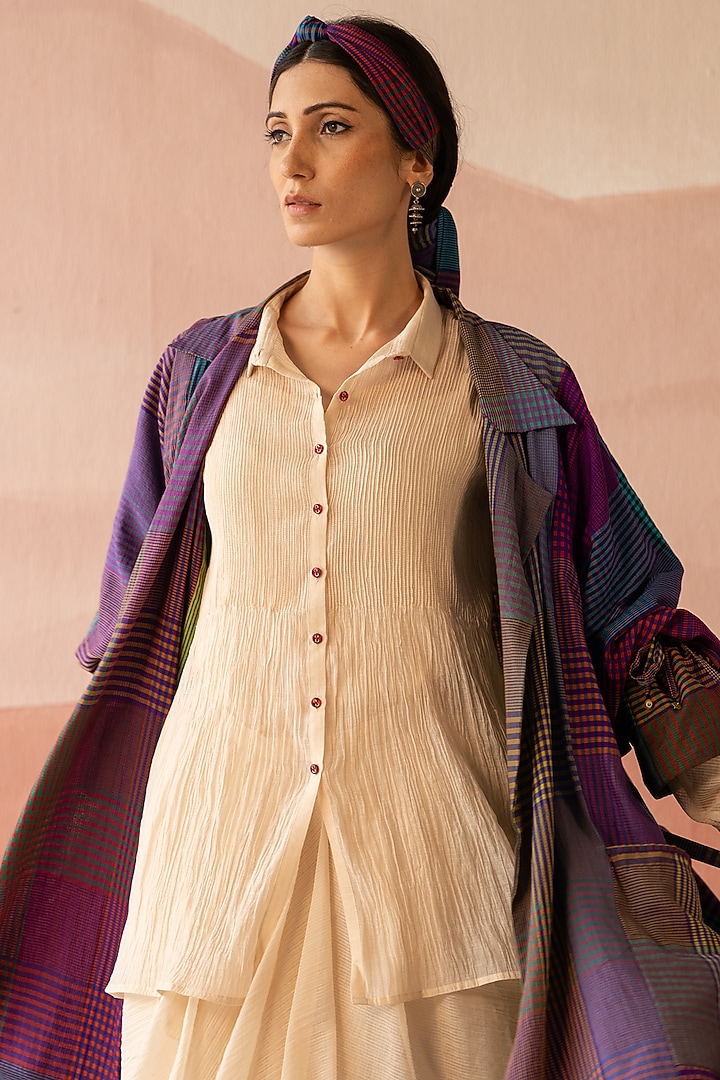 Multi-Colored Handwoven Yarn Dyed Silk Hand Block Printed Trench Coat by Swatti Kapoor at Pernia's Pop Up Shop