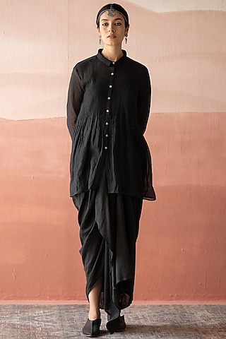 Ebony Black Handwoven Chanderi Shirt by Swatti Kapoor