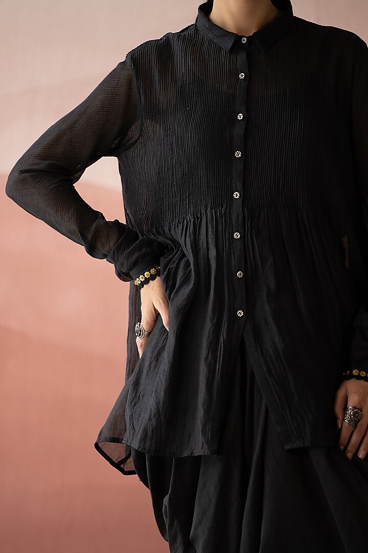 Ebony Black Handwoven Chanderi Shirt by Swatti Kapoor at Pernia's Pop Up Shop