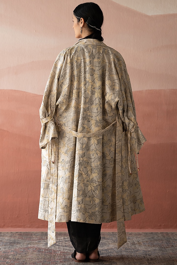 Bone White Handwoven Chanderi Hand Block Printed Trench Coat by Swatti Kapoor at Pernia's Pop Up Shop