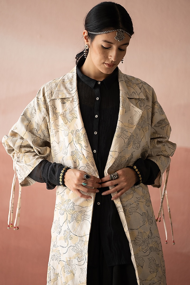 Bone White Handwoven Chanderi Hand Block Printed Trench Coat by Swatti Kapoor at Pernia's Pop Up Shop