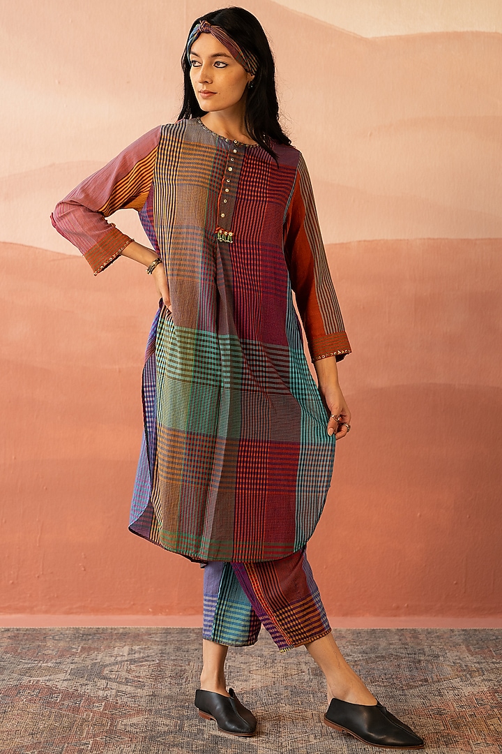 Multi-Colored Handwoven Yarn Dyed Silk & Cotton Beaded Kurta by Swatti Kapoor at Pernia's Pop Up Shop