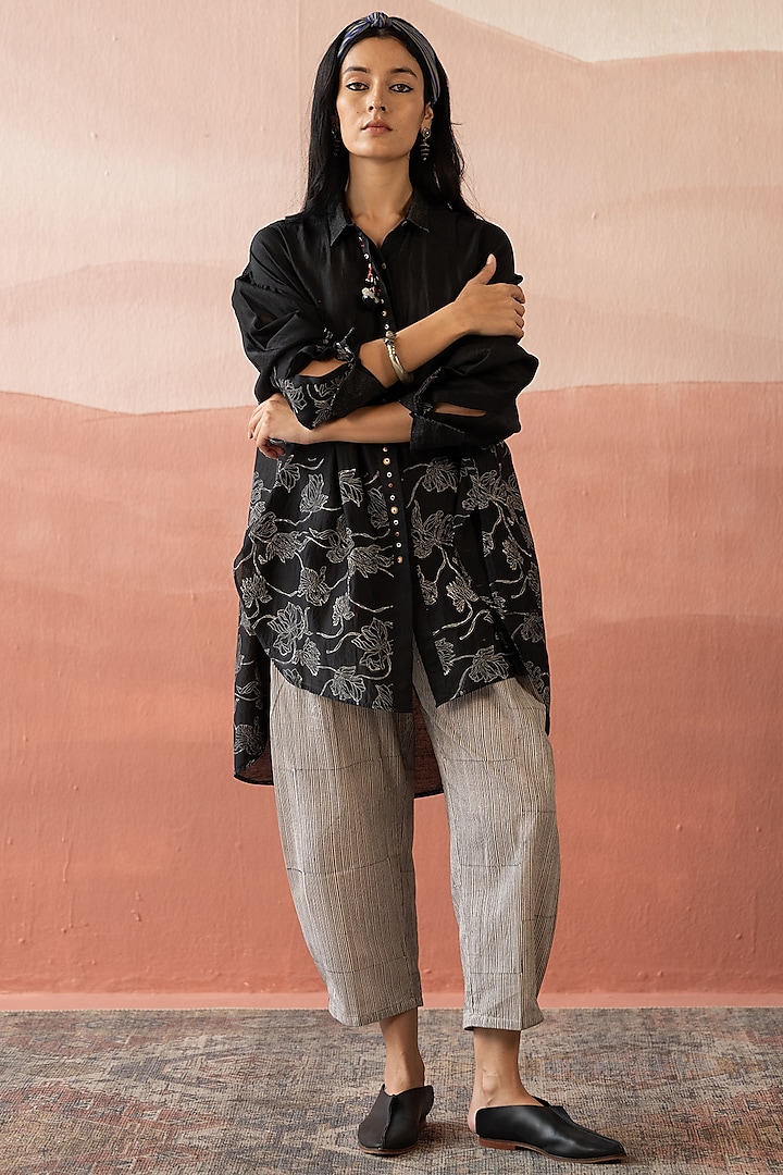 Ebony Black Handwoven Chanderi Block Printed Shirt by Swatti Kapoor at Pernia's Pop Up Shop