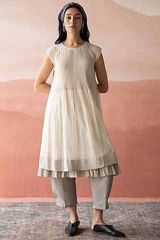 Bone White Cotton Hand Block Printed Pants by Swatti Kapoor
