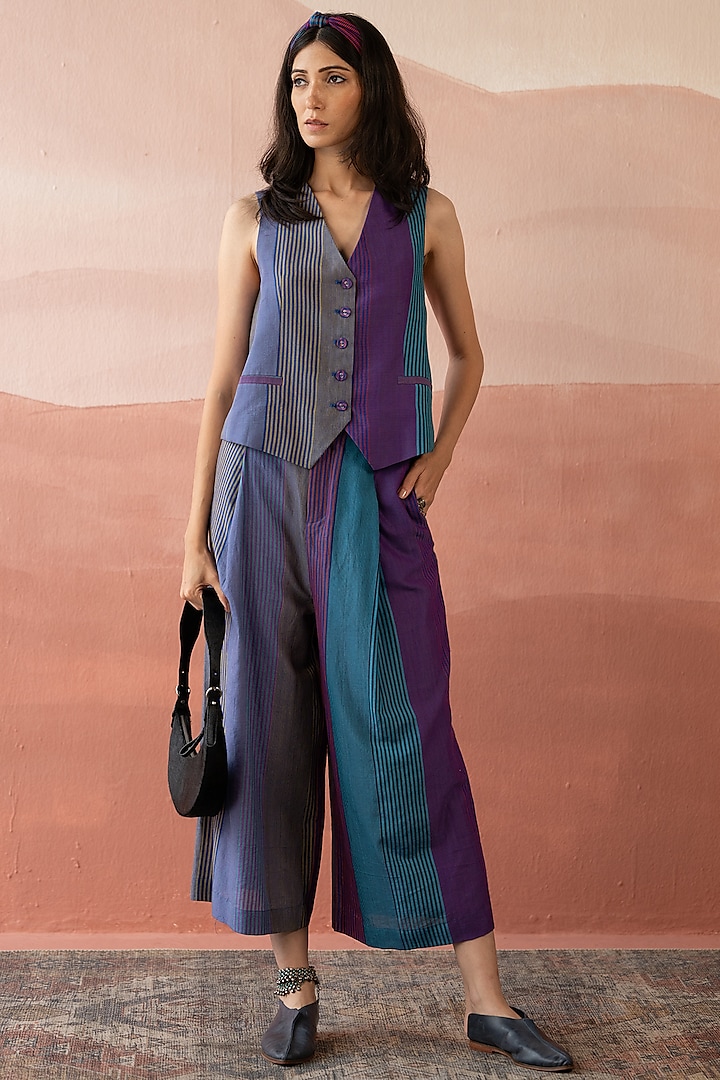 Multi-Colored Handwoven Yarn Dyed Silk & Cotton Striped Waistcoat by Swatti Kapoor at Pernia's Pop Up Shop