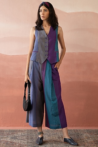 Multi-Colored Handwoven Yarn Dyed Silk Striped High-Waist Pants by Swatti Kapoor