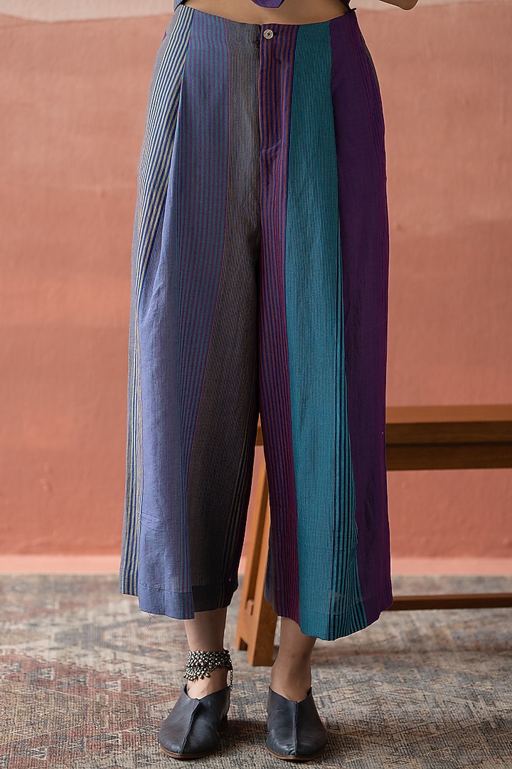Multi-Colored Handwoven Yarn Dyed Silk Striped High-Waist Pants by Swatti Kapoor at Pernia's Pop Up Shop
