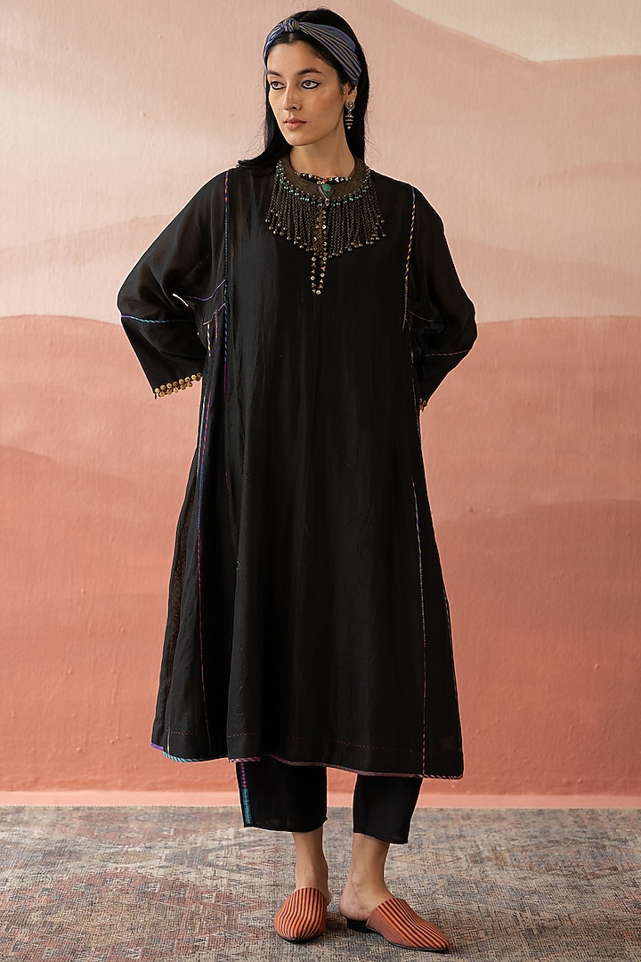 Ebony Black Striped Chanderi Kurta by Swatti Kapoor at Pernia's Pop Up Shop