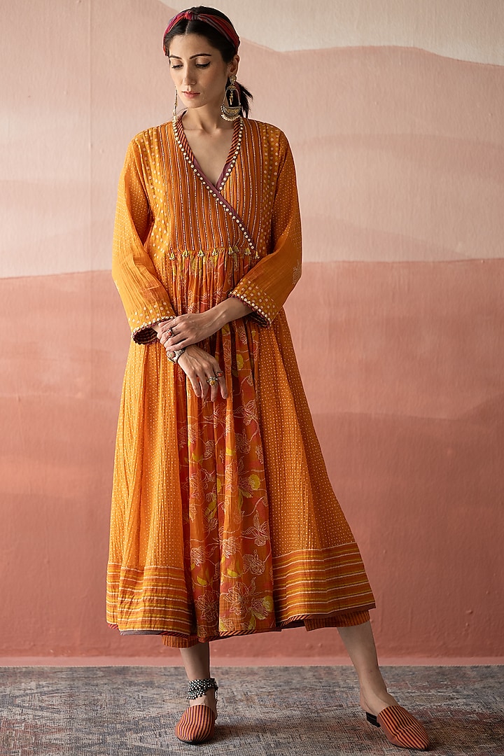 Lava Orange Handwoven Chanderi Hand Block Printed Kurta by Swatti Kapoor at Pernia's Pop Up Shop