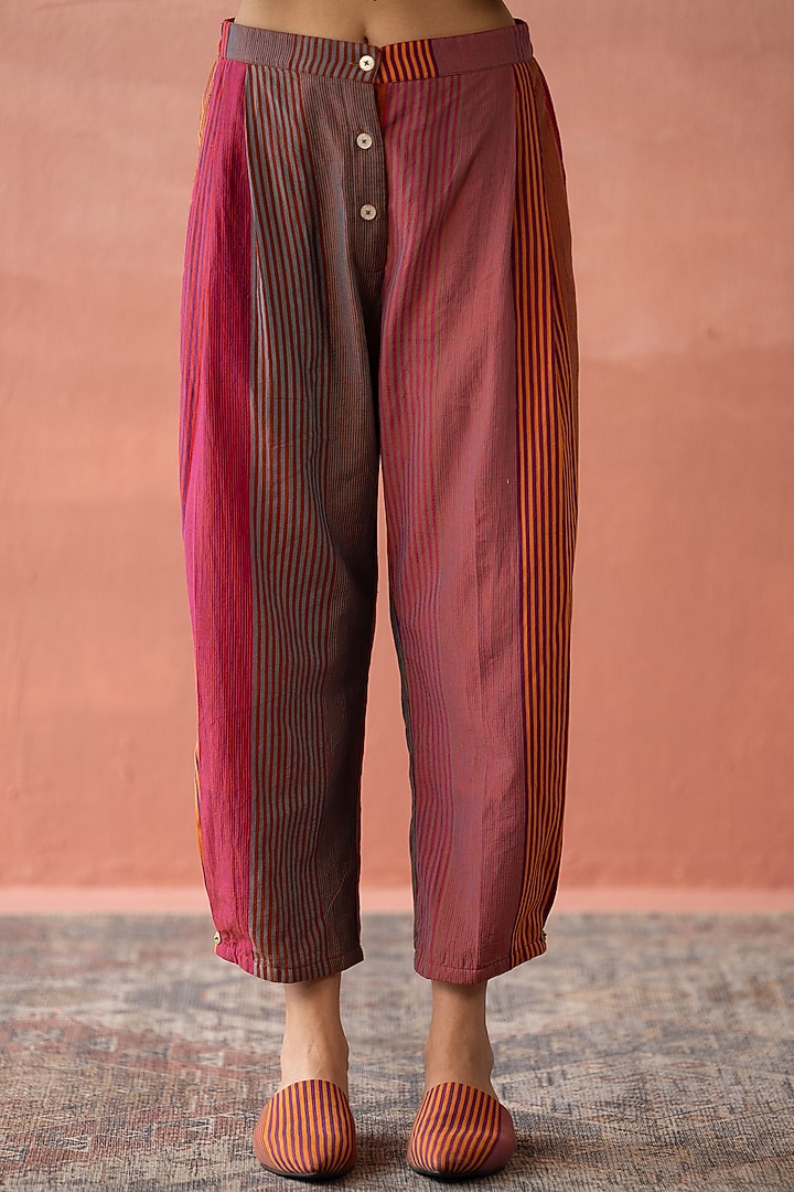 Multi-Colored Handwoven Yarn Dyed Silk Striped Crop Pants by Swatti Kapoor at Pernia's Pop Up Shop