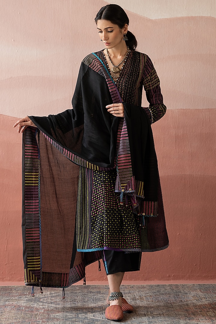 Ebony Black Handwoven Chanderi Hand Block Printed Kurta by Swatti Kapoor at Pernia's Pop Up Shop