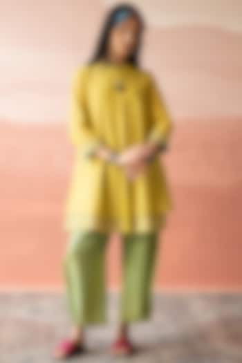 Empire Yellow Handwoven Chanderi Hand Block Printed Tunic by Swatti Kapoor