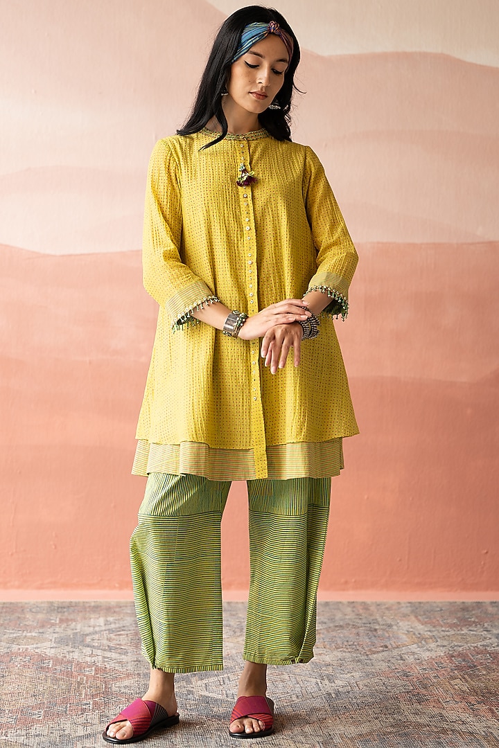 Empire Yellow Handwoven Chanderi Hand Block Printed Tunic by Swatti Kapoor