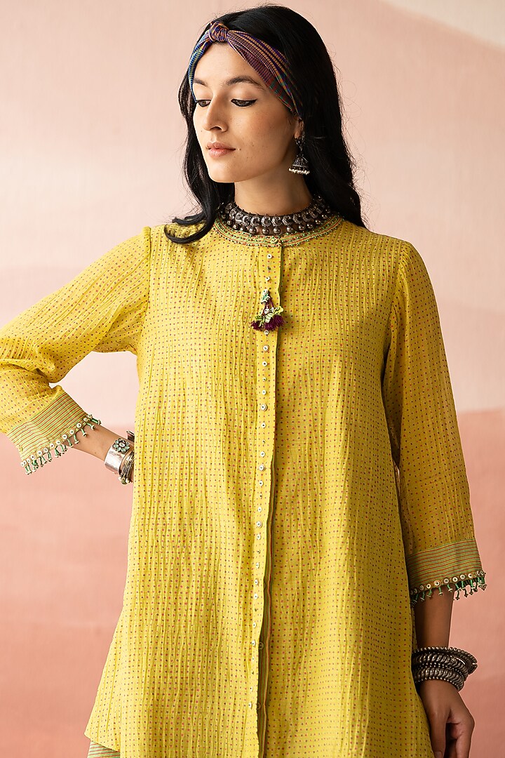 Empire Yellow Handwoven Chanderi Hand Block Printed Tunic by Swatti Kapoor at Pernia's Pop Up Shop