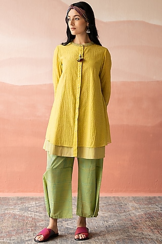 Empire Yellow Cotton Hand Block Printed Pants by Swatti Kapoor
