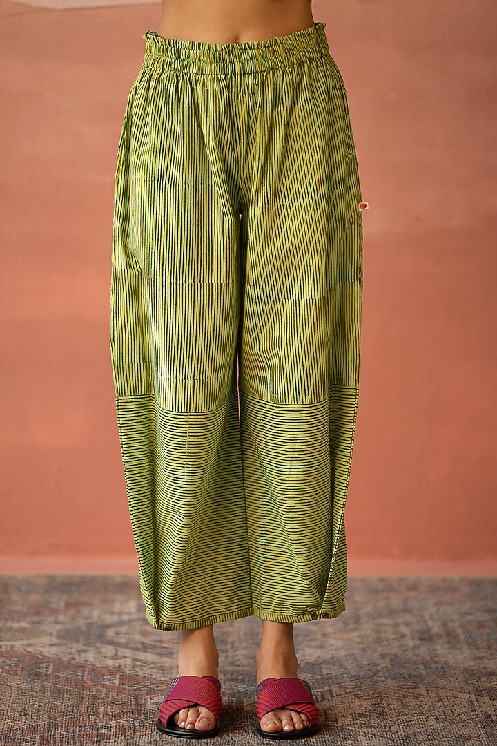 Empire Yellow Cotton Hand Block Printed Pants by Swatti Kapoor at Pernia's Pop Up Shop