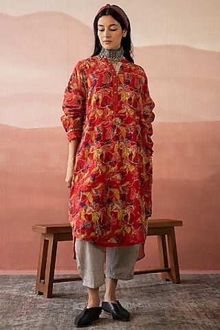 Red Handwoven Chanderi Hand Block Printed Shirt by Swatti Kapoor