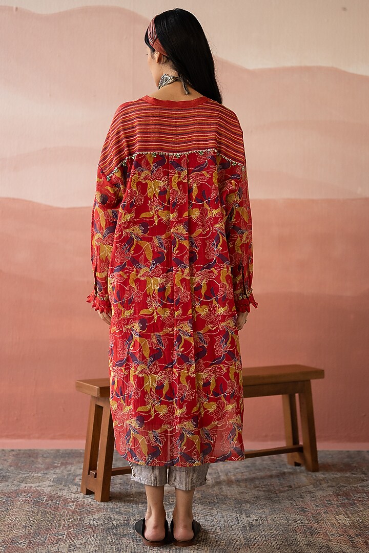 Red Handwoven Chanderi Hand Block Printed Shirt by Swatti Kapoor at Pernia's Pop Up Shop