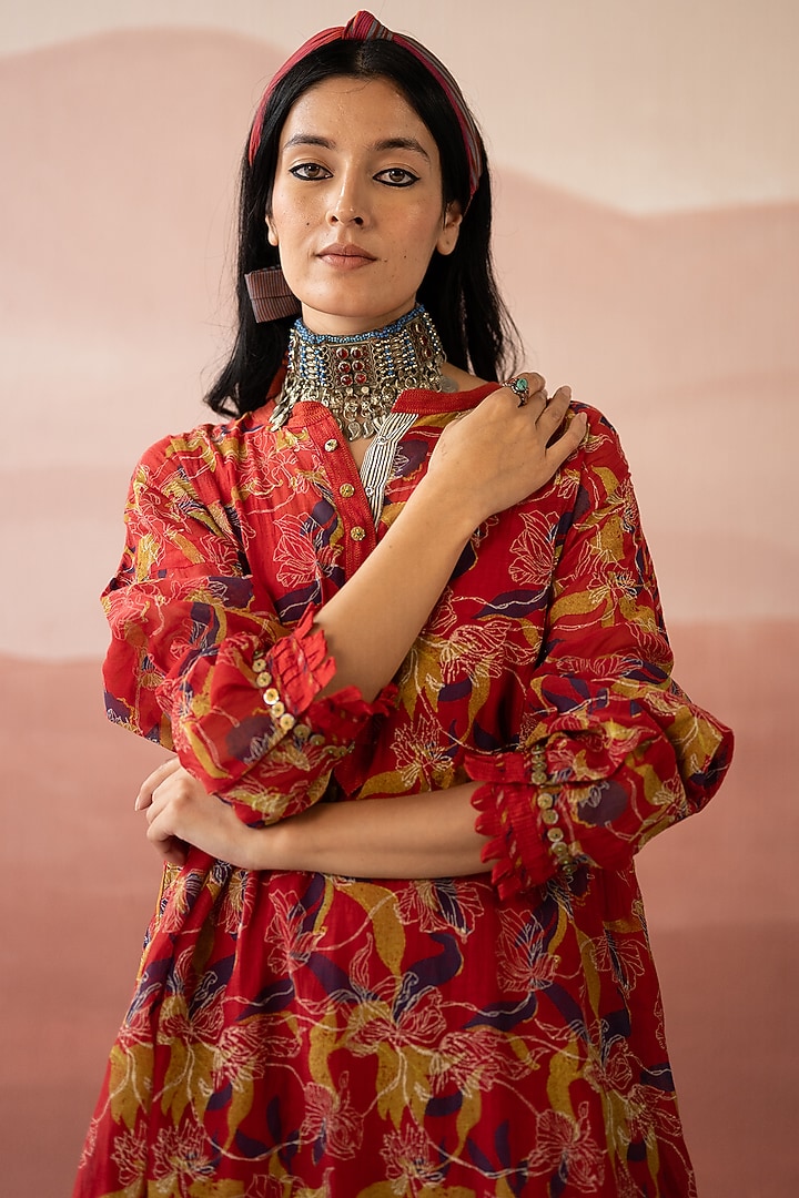 Red Handwoven Chanderi Hand Block Printed Shirt by Swatti Kapoor at Pernia's Pop Up Shop