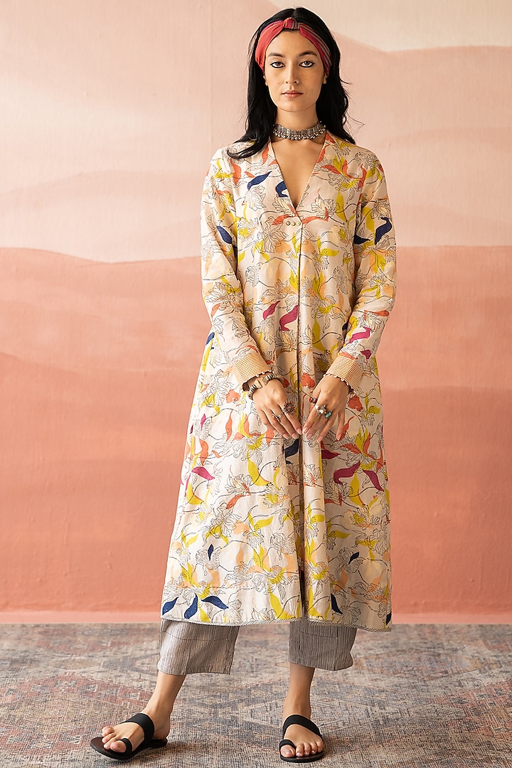 Bone White Handwoven Chanderi Hand Block Printed Kurta by Swatti Kapoor at Pernia's Pop Up Shop