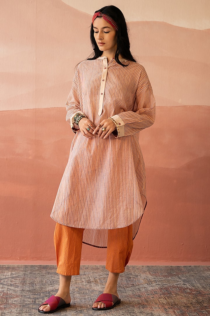 Bone White Handwoven Chanderi Hand Block Printed Shirt by Swatti Kapoor at Pernia's Pop Up Shop