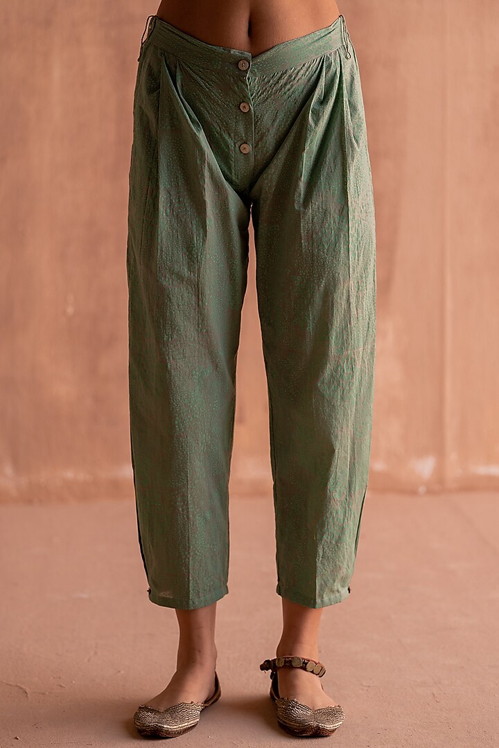Green Cotton Cambric Hand Block Printed Pants by Swatti Kapoor