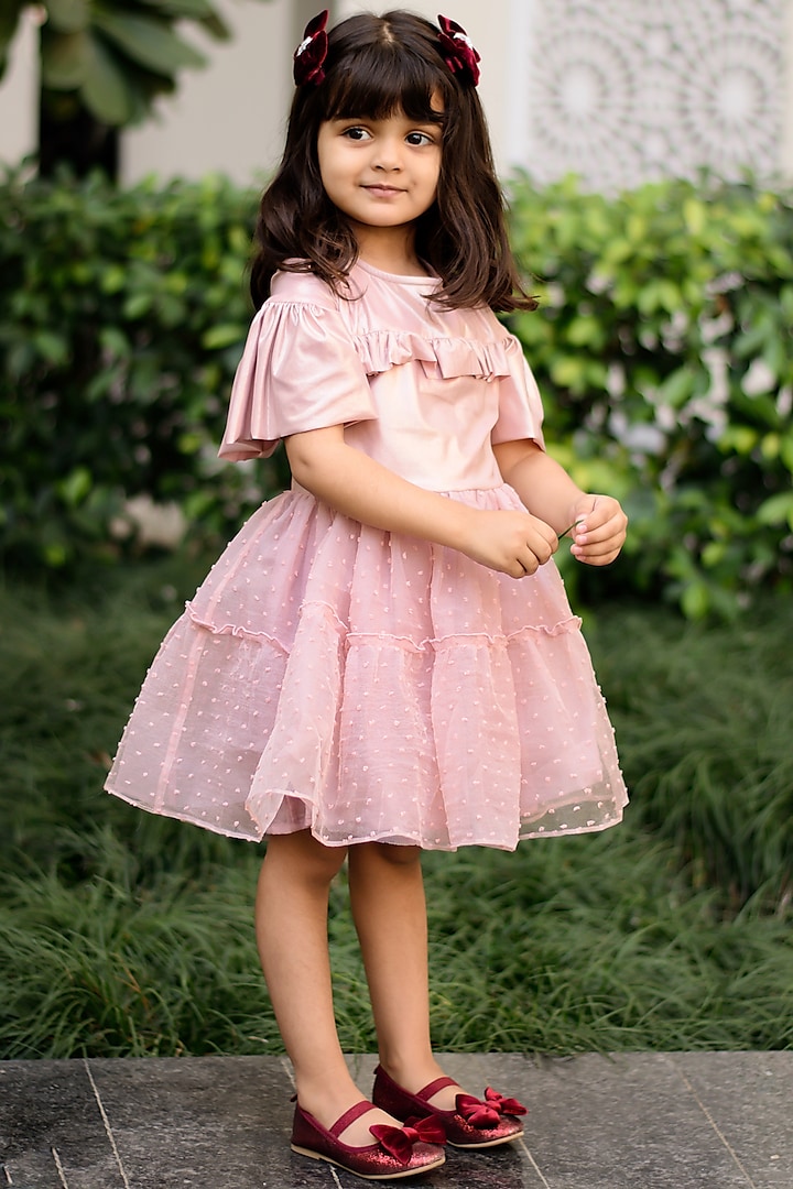 Baby Pink Jersey Tiered Dress For Girls by SWEETLIME BY AS
