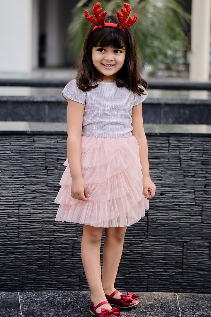 Light Peach Lurex Shimmer Dress For Girls by SWEETLIME BY AS