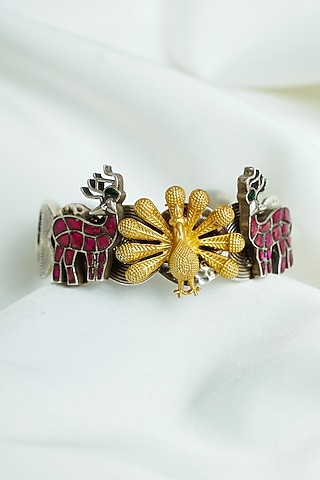 Two Tone Finish Red Enameled Openable Cuff In Sterling Silver by Swadeshi Pitara