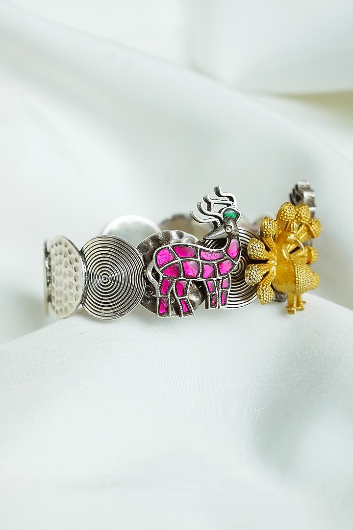Two Tone Finish Red Enameled Openable Cuff In Sterling Silver by Swadeshi Pitara at Pernia's Pop Up Shop