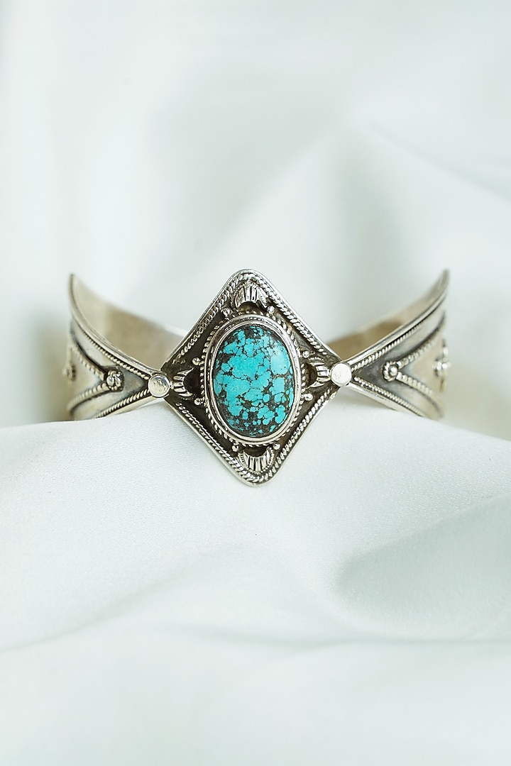 Silver Finish Turquoise Stone Cuff In Sterling Silver by Swadeshi Pitara at Pernia's Pop Up Shop