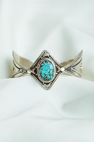 Silver Finish Turquoise Stone Cuff In Sterling Silver by Swadeshi Pitara