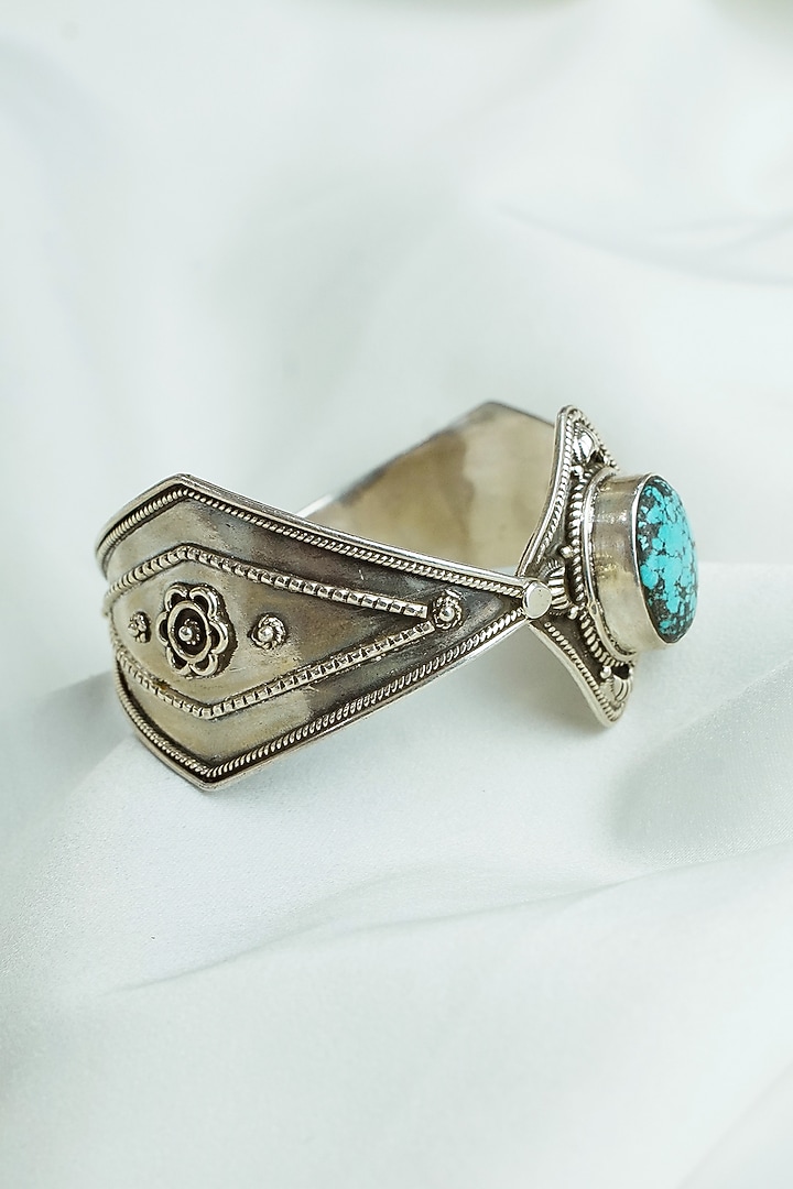 Silver Finish Turquoise Stone Cuff In Sterling Silver by Swadeshi Pitara at Pernia's Pop Up Shop