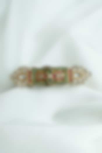 Gold Finish Kundan Polki Enameled Cuff In Sterling Silver by Swadeshi Pitara at Pernia's Pop Up Shop
