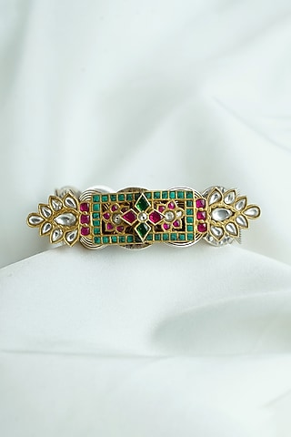 Gold Finish Kundan Polki Enameled Cuff In Sterling Silver by Swadeshi Pitara