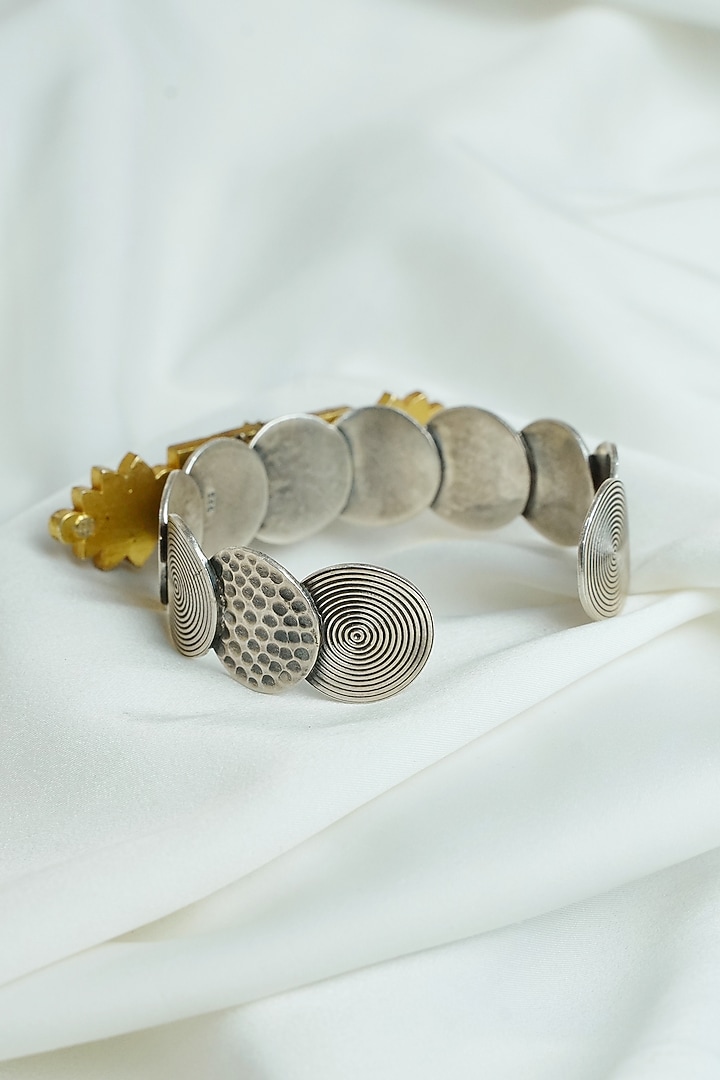 Gold Finish Kundan Polki Enameled Cuff In Sterling Silver by Swadeshi Pitara at Pernia's Pop Up Shop